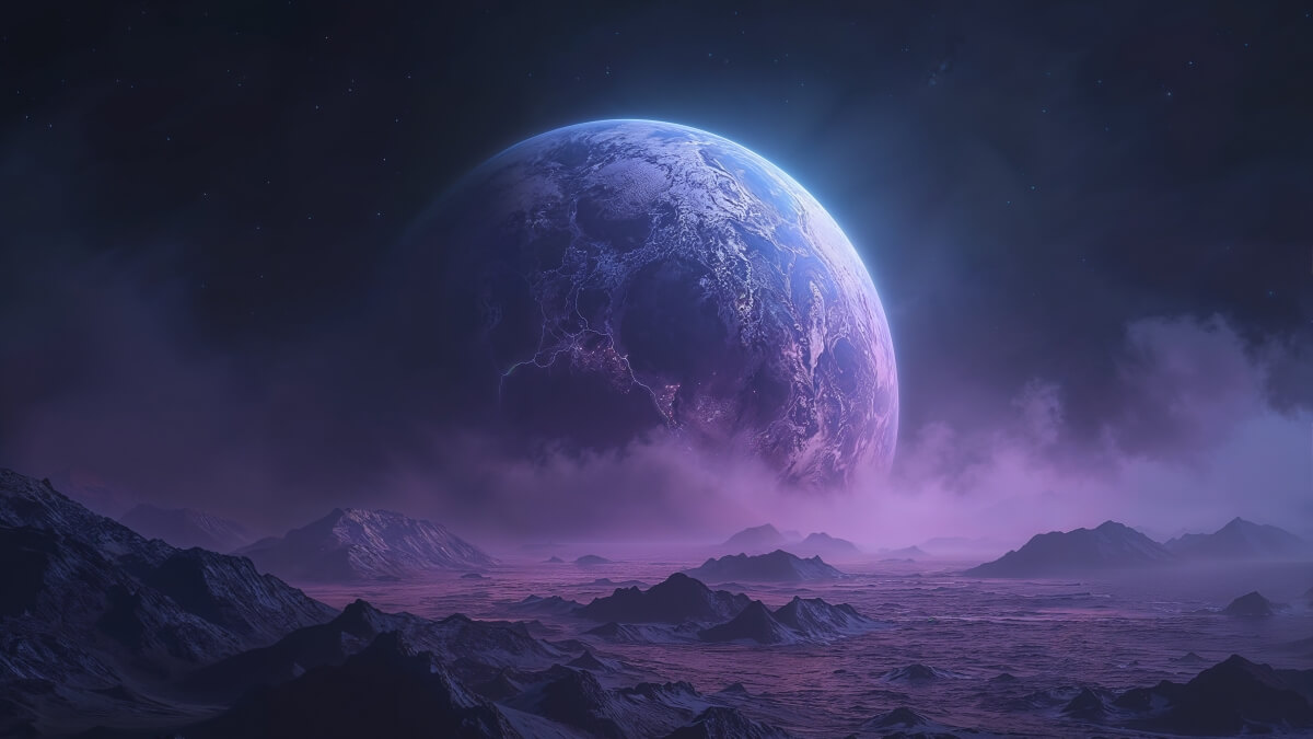 Dark alien planet with cosmic landscape and stellar background - perfect inspiration for sci-fi and fantasy planet names