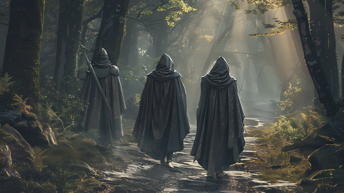 Hooded warriors walking through a misty dark forest - atmospheric inspiration for Dark Souls character names