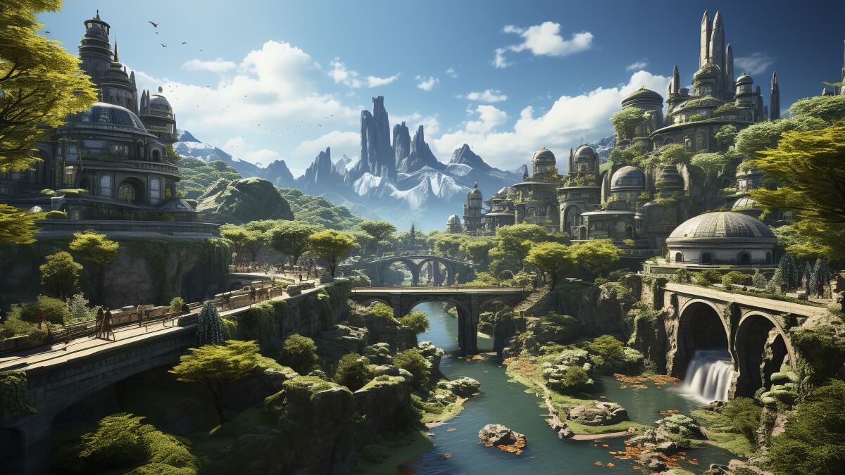Fantasy city with lush vegetation and greenery blending architecture with nature