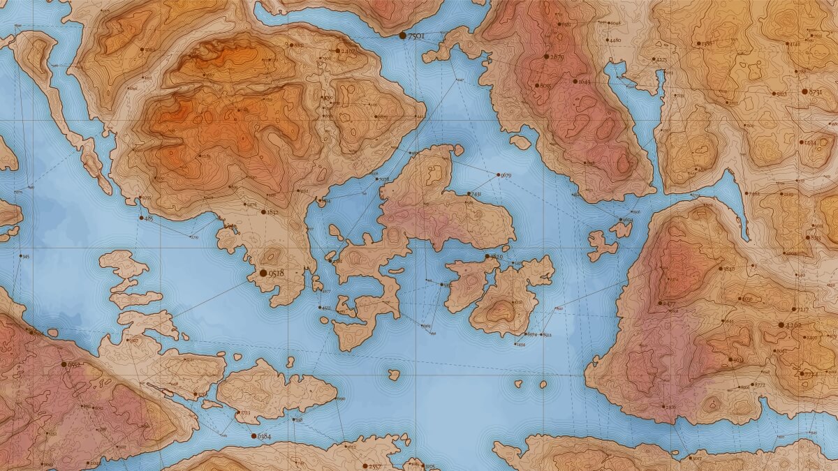 Topographic fantasy world map with continents and islands - inspiration for fictional country names