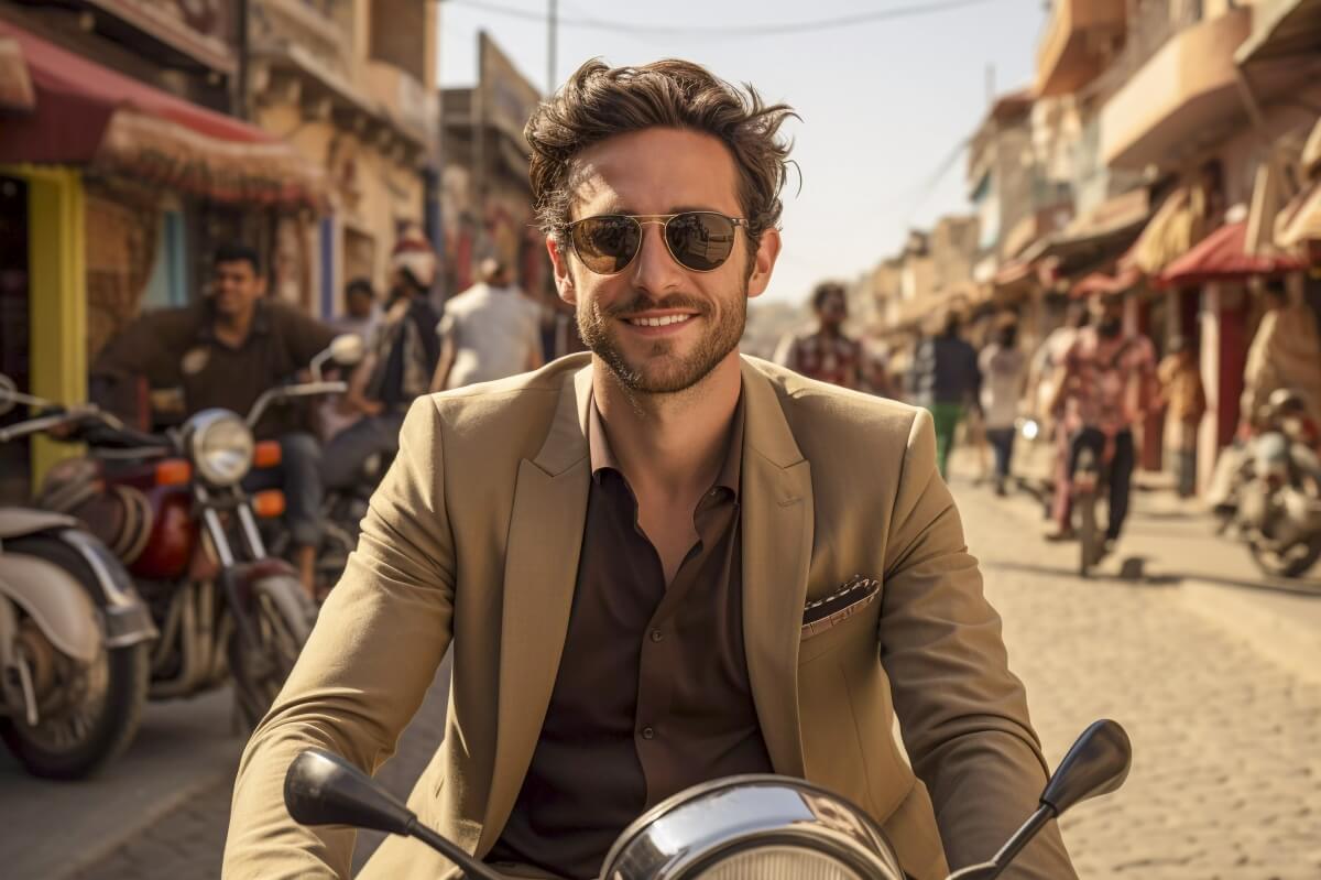 Stylish Italian man with classic motorcycle - representing authentic Italian culture and heritage