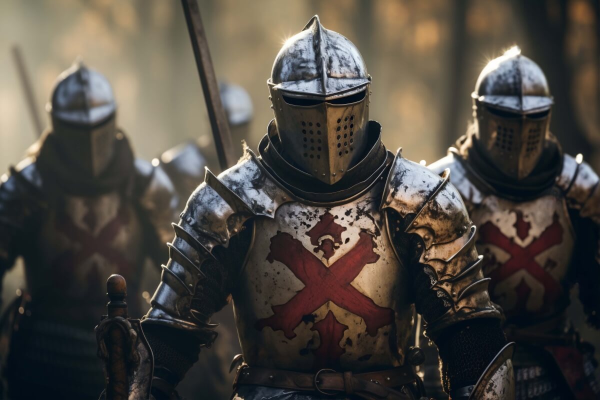 Medieval knights in battle armor with Templar crosses - perfect inspiration for knight name generation
