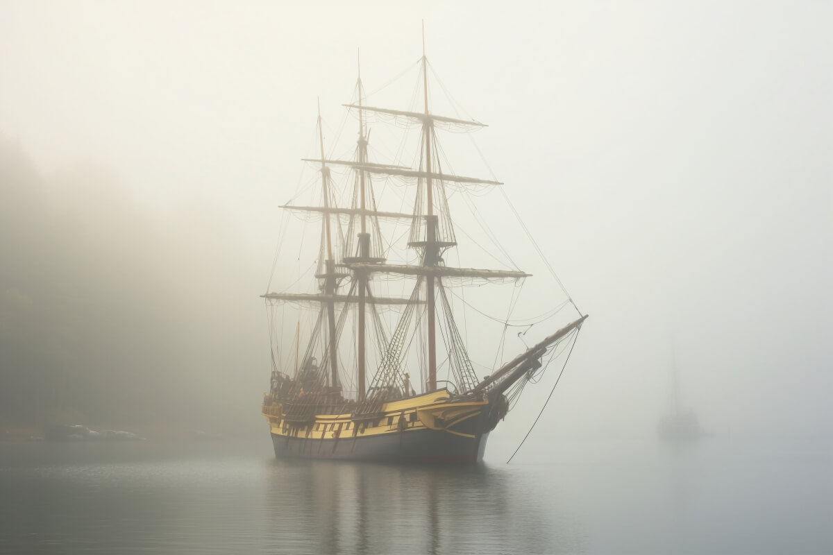 Mysterious pirate ship emerging from fog - inspiration for legendary vessel names
