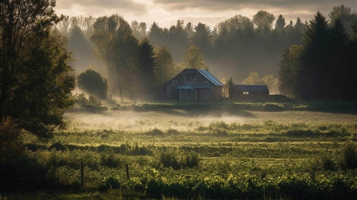 Rustic farmhouse in a misty meadow at dawn - inspiration for farm name generation