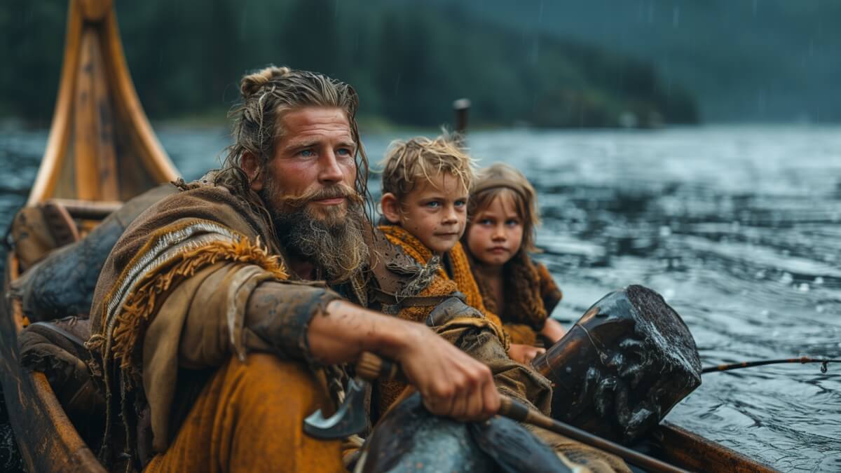 Viking warriors rowing a longship on Norse fjords - authentic inspiration for Viking name generation